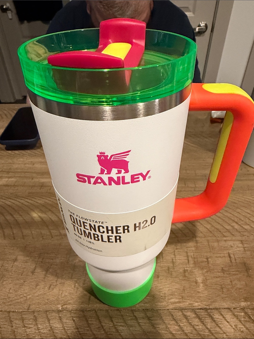 Stanley 40oz White Tumbler with Neon Green, Neon Orange & Hot Pink Accents